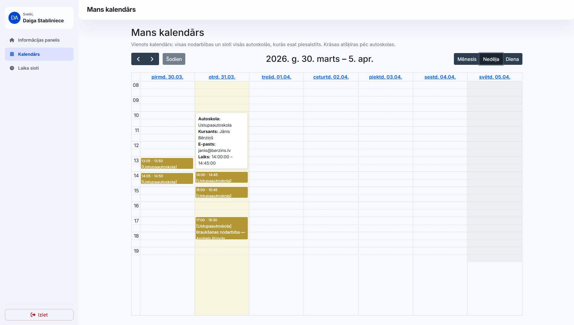 Autoskolas Pieraksti — kalendāra ekrānšāviņš