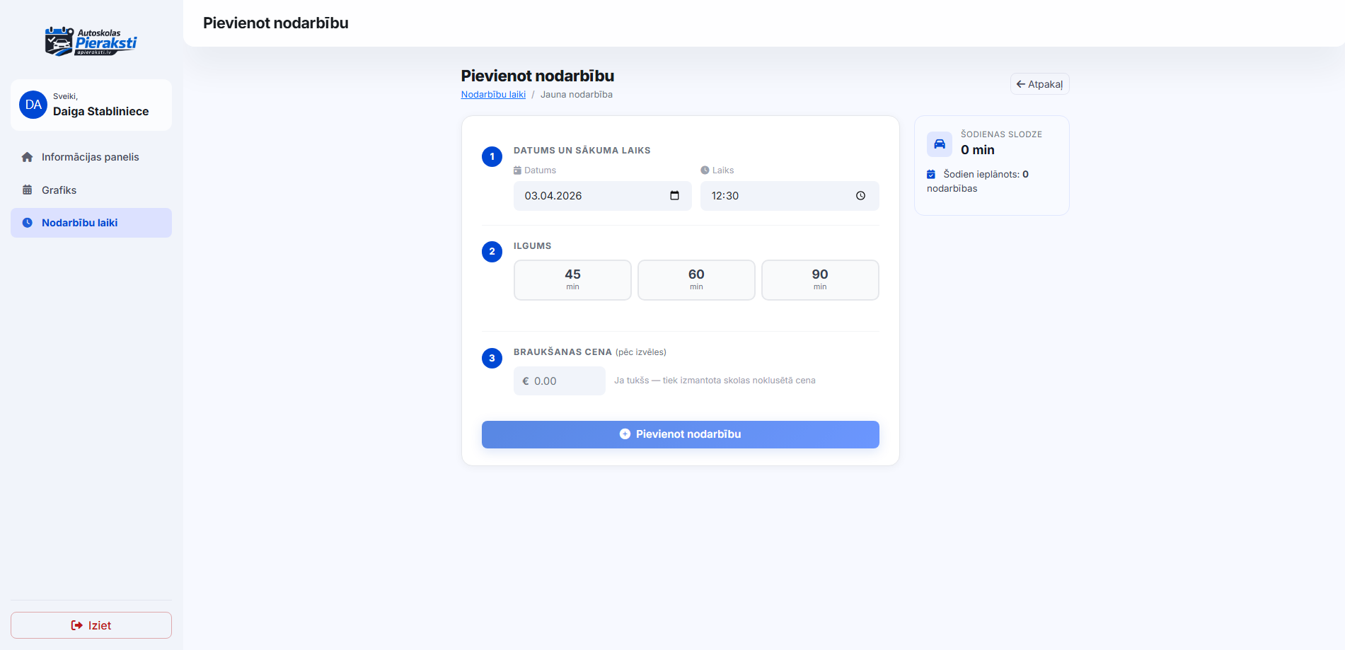 Instruktors pievieno nodarbības laikus