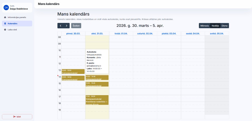 Instruktora kalendārs ar rezervācijām